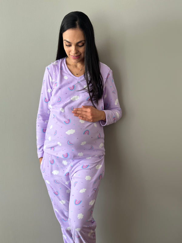 Pijama de maternidad y lactancia •Arcoiris Lila• FLEECE DELGADO
