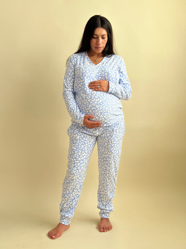 Pijama de maternidad y lactancia •Leopardo Azul• FLEECE DELGADO