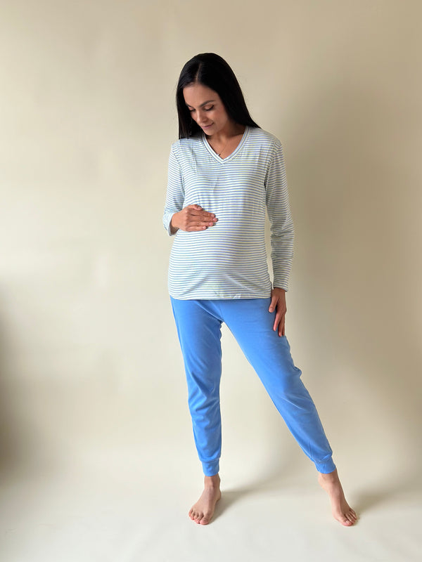 Pijama de maternidad y lactancia •rayas azul celeste• con ALGODÓN