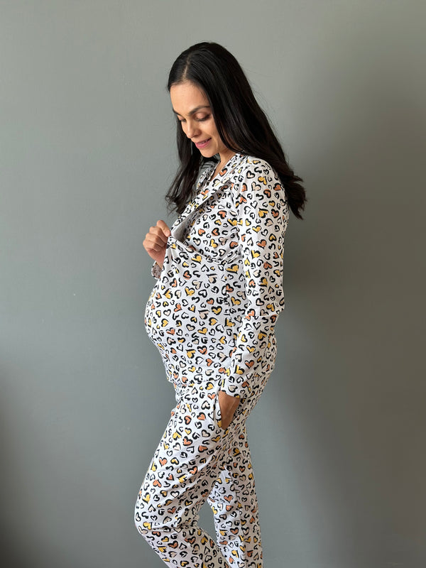 Pijama de maternidad y lactancia •Corazones print amarillo• ALGODÓN