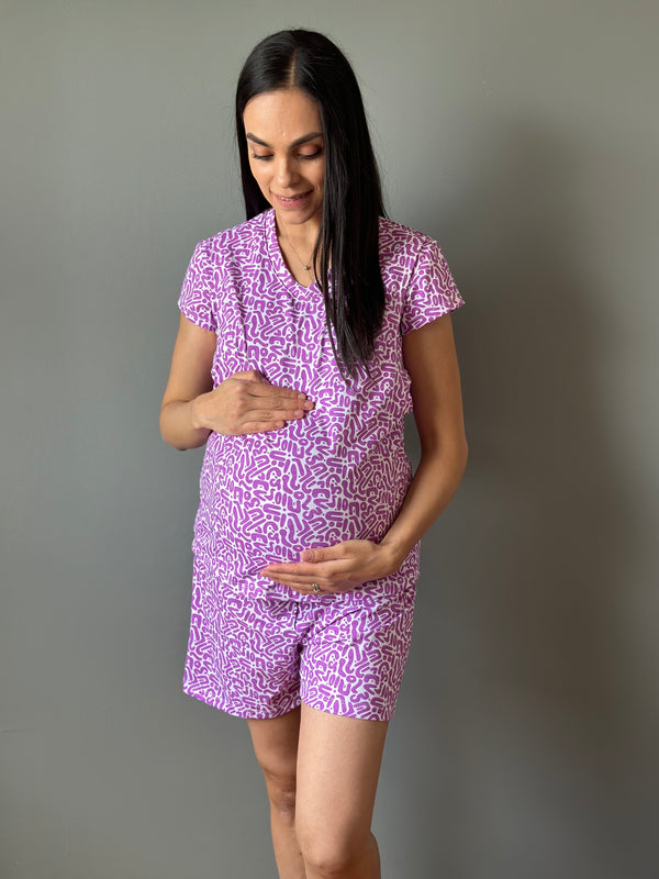 Pijama de short maternidad y lactancia •GRECAS PURPURA• ALGODÓN
