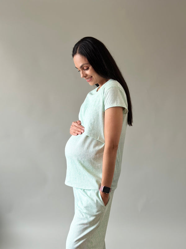Pijama de maternidad y lactancia •Abanico menta•