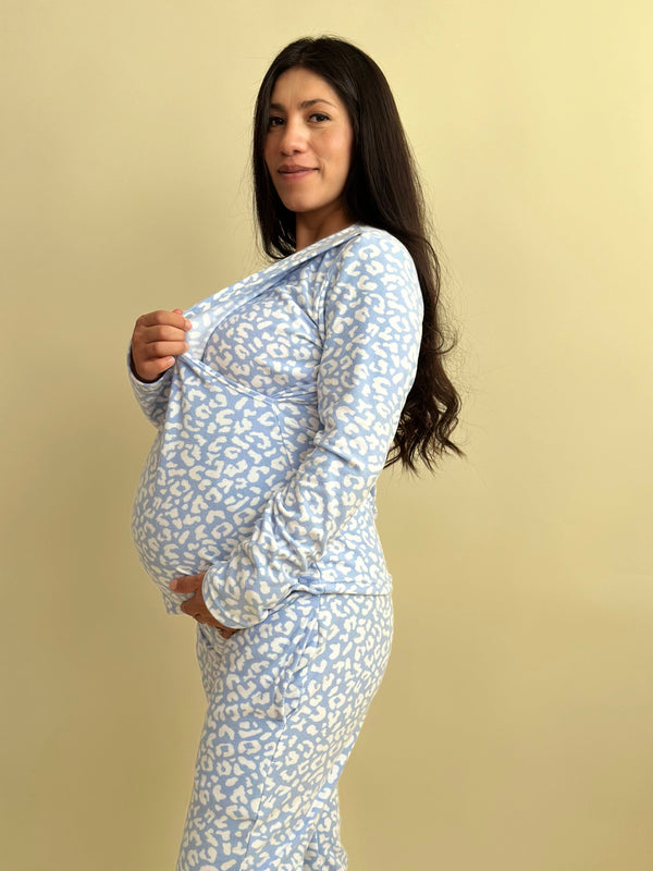 Pijama de maternidad y lactancia •Leopardo Azul• FLEECE DELGADO
