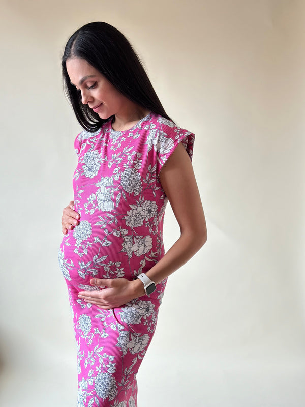 Vestido de maternidad midi •Hortensia rosa•