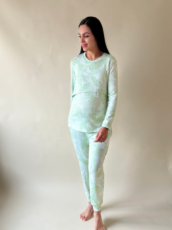 Pijama de maternidad y lactancia •Hojas verde• SUPER SOFT