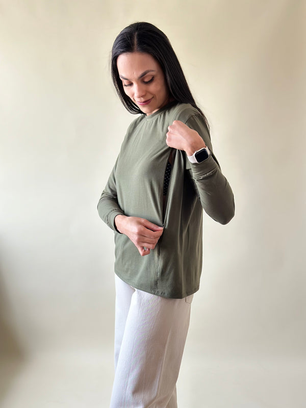Playera manga larga con cierres •Verde militar•