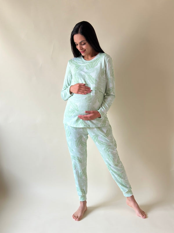Pijama de maternidad y lactancia •Hojas verde• SUPER SOFT