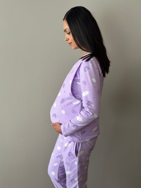 Pijama de maternidad y lactancia •Arcoiris Lila• FLEECE DELGADO