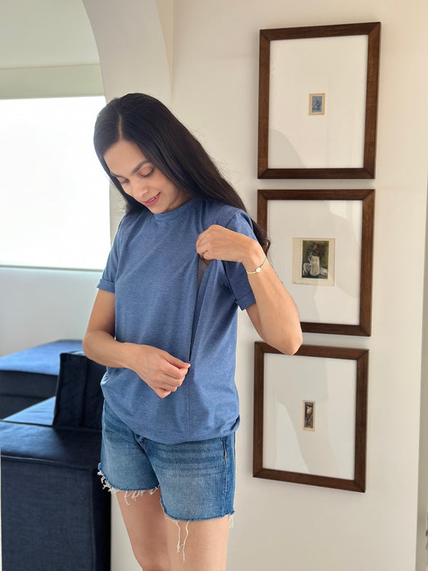 Playera de lactancia con CIERRE FRONTAL •Azul demin•