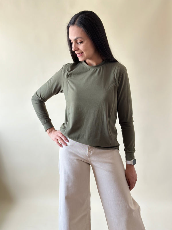 Playera manga larga con cierres •Verde militar•