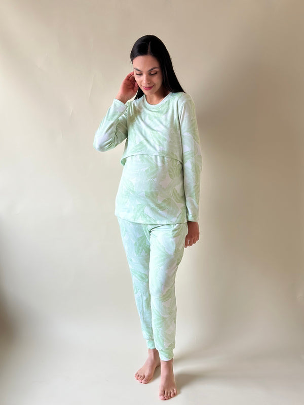 Pijama de maternidad y lactancia •Hojas verde• SUPER SOFT