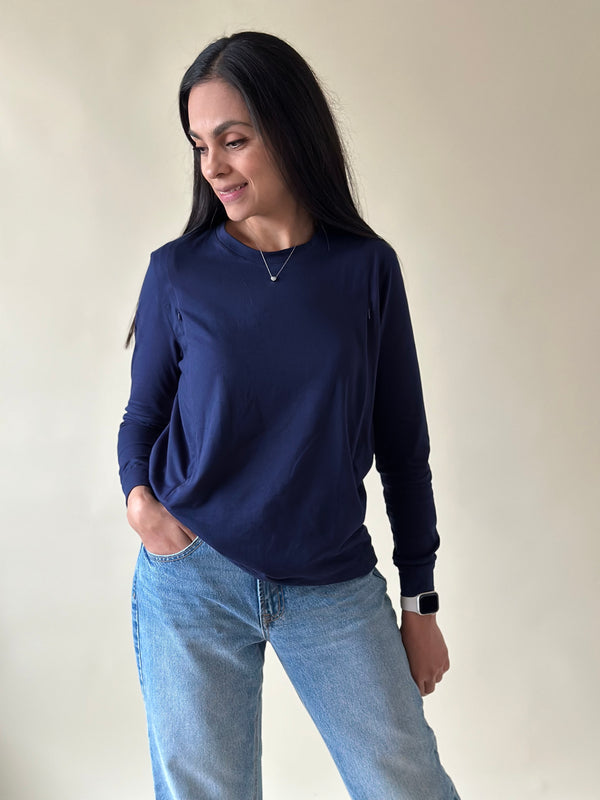 Playera manga larga con cierres •Azul marino•