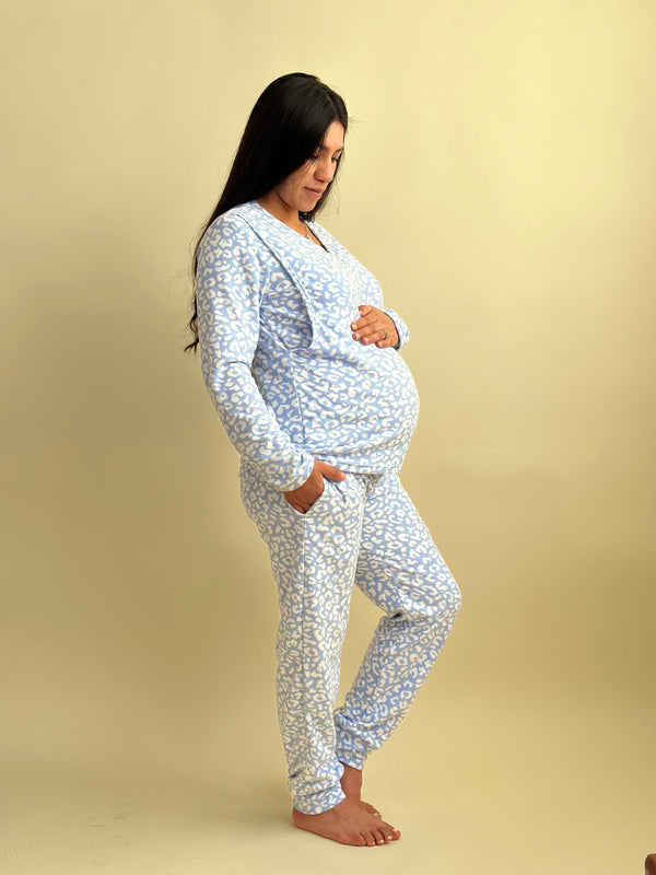 Pijama de maternidad y lactancia •Leopardo Azul• FLEECE DELGADO