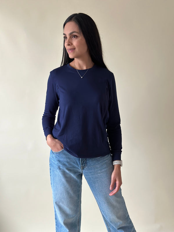 Playera manga larga con cierres •Azul marino•