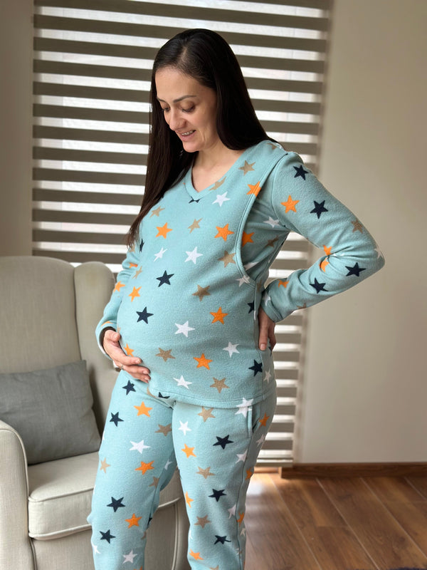 Pijama de maternidad y lactancia •Estrellas aqua• POLAR