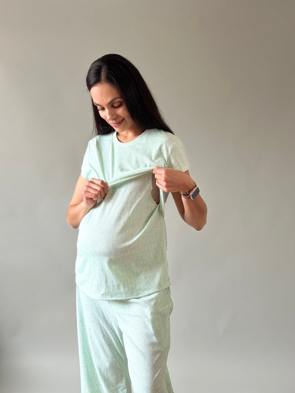 Pijama de maternidad y lactancia •Abanico menta•