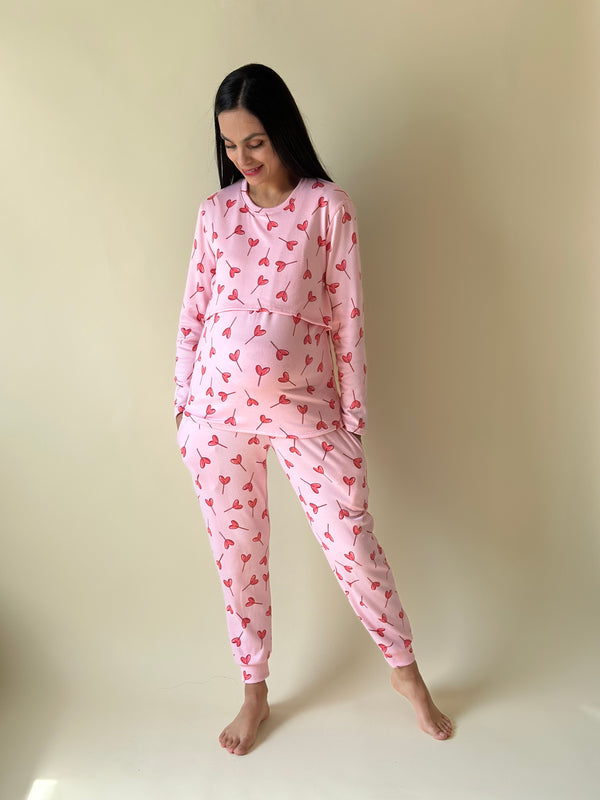 Pijama de mater y lact •Valentines Pink • SUPER SOFT