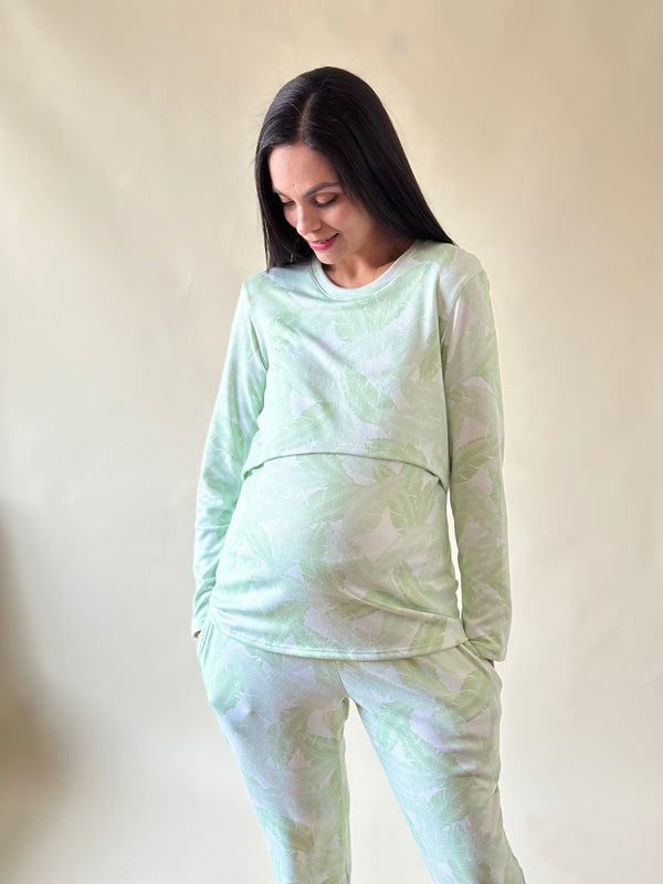 Pijama de maternidad y lactancia •Hojas verde• SUPER SOFT