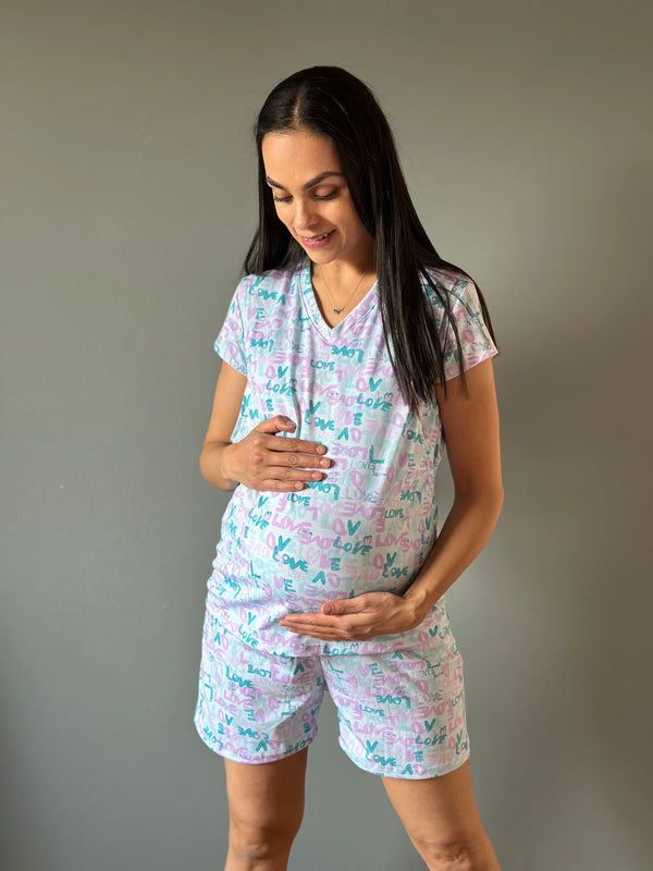 Pijama de short maternidad y lactancia •LOVE AQUA• con ALGODÓN