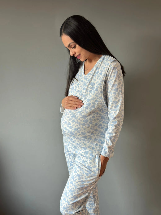 Pijama de maternidad y lactancia •Hojas azul• con ALGODÓN