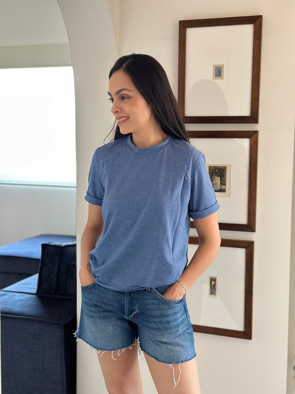 Playera de lactancia con CIERRE FRONTAL •Azul demin•