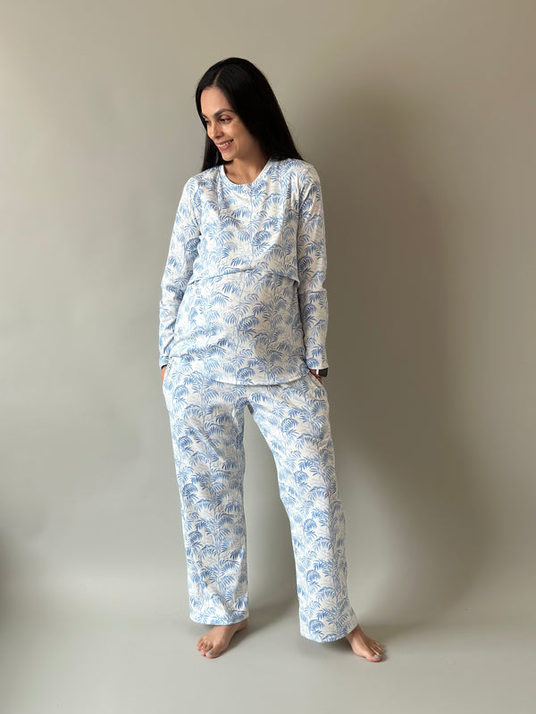 Pijama de maternidad y lactancia •Palmitas azul•