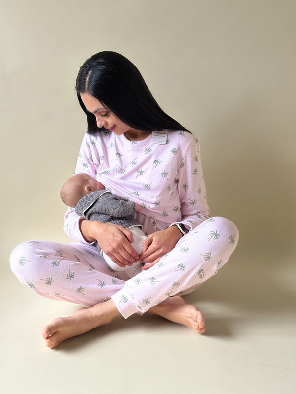 Pijama de maternidad y lactancia •Palmeras rosa• SUPER SOFT