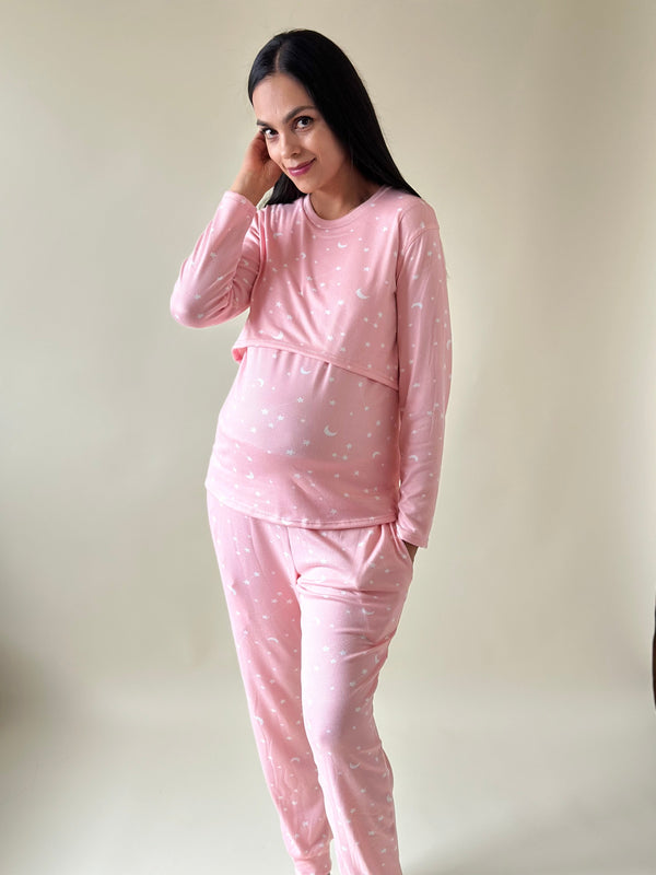Pijama de maternidad y lactancia •Estrellas rosa• SUPER SOFT