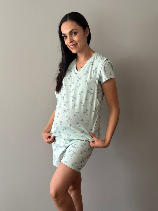 Pijama de short maternidad y lactancia •PALMERAS VERDE• con ALGODÓN