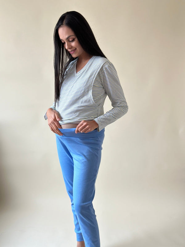 Pijama de maternidad y lactancia •rayas azul celeste• con ALGODÓN