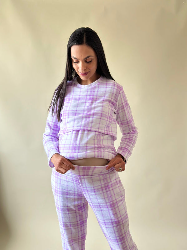 Pijama de mater y lact •Cuadros lila• FLEECE DELGADO