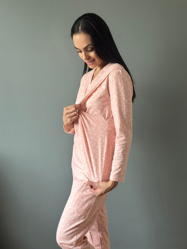 Pijama de maternidad y lactancia •Gerbera rosa• con ALGODÓN