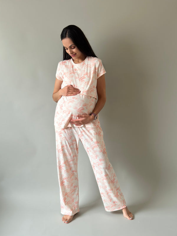 Pijama de maternidad y lactancia •Palmitas coral•