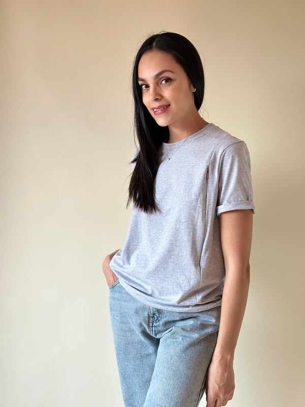 Playera de lactancia con CIERRE FRONTAL •Gris jaspe•