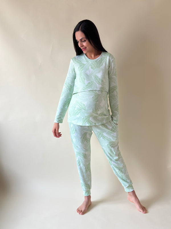 Pijama de maternidad y lactancia •Hojas verde• SUPER SOFT