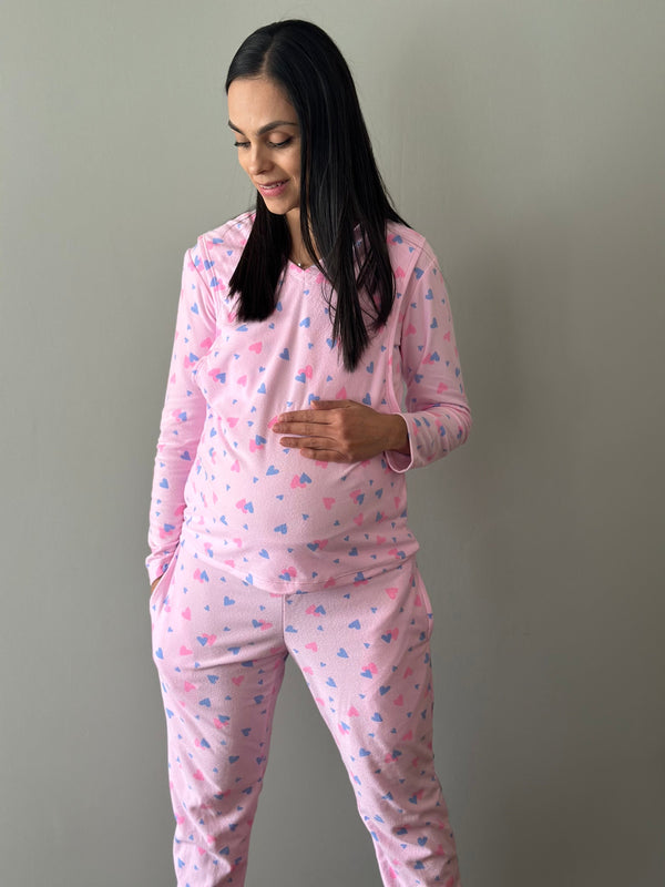 Pijama de maternidad y lactancia •Confeti Rosa• FLEECE DELGADO