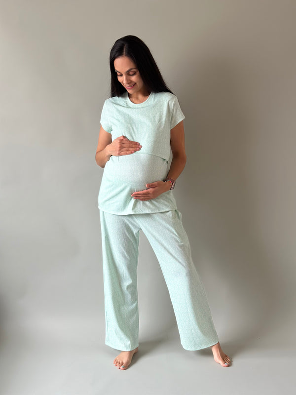 Pijama de maternidad y lactancia •Abanico menta•