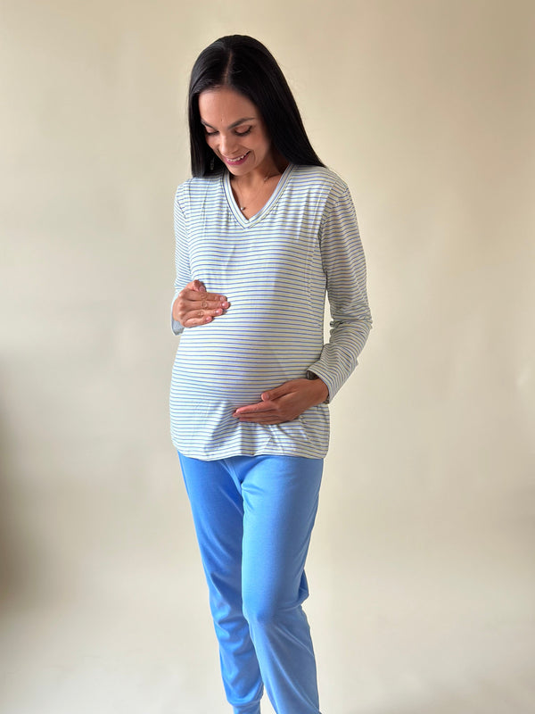Pijama de maternidad y lactancia •rayas azul celeste• con ALGODÓN