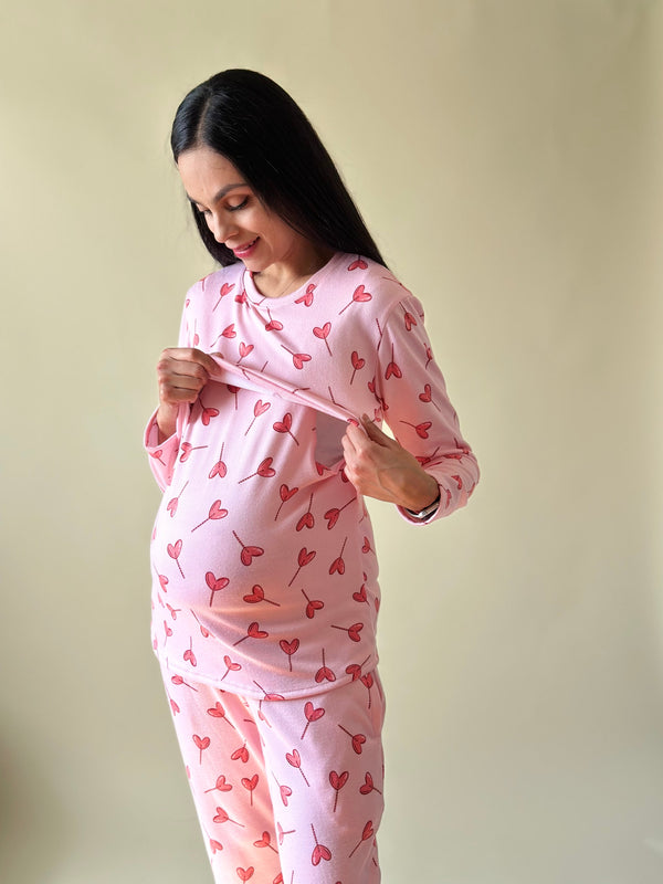 Pijama de mater y lact •Valentines Pink • SUPER SOFT