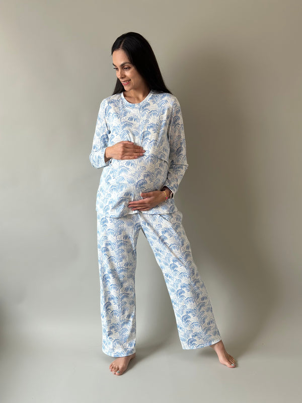 Pijama de maternidad y lactancia •Palmitas azul•