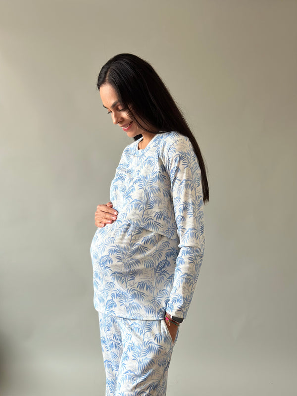 Pijama de maternidad y lactancia •Palmitas azul•