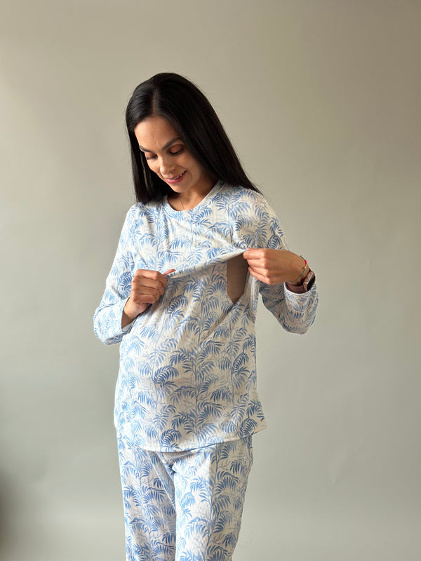 Pijama de maternidad y lactancia •Palmitas azul•