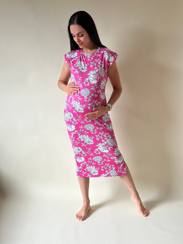 Vestido de maternidad midi •Hortensia rosa•