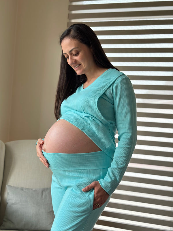 Pijama de maternidad y lactancia •Turquesa• con ALGODÓN