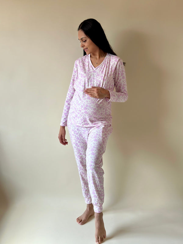 Pijama de maternidad y lactancia •Hojas lila• con ALGODÓN