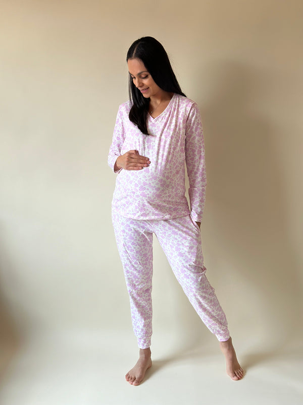 Pijama de maternidad y lactancia •Hojas lila• con ALGODÓN