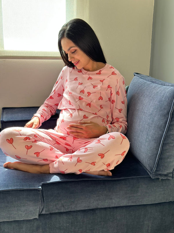 Pijama de mater y lact •Valentines Pink • SUPER SOFT