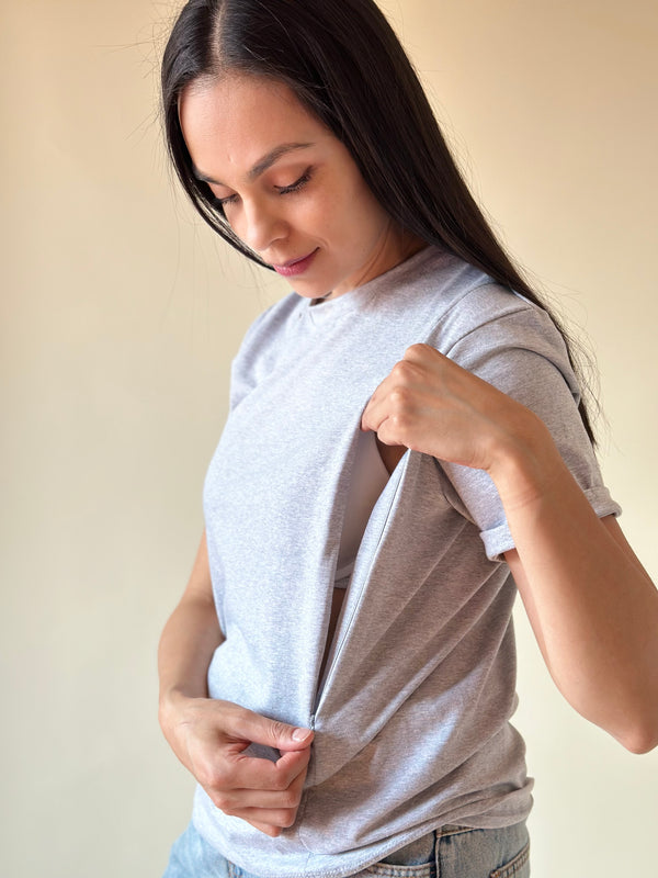 Playera de lactancia con CIERRE FRONTAL •Gris jaspe•