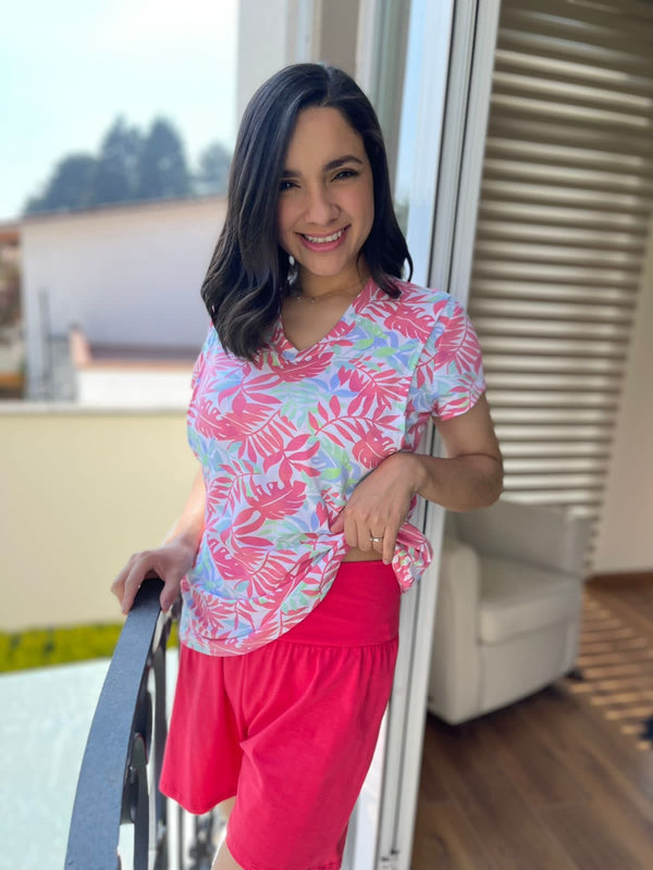 Pijama de maternidad y lactancia SHORT •Aloha coral• con ALGODÓN