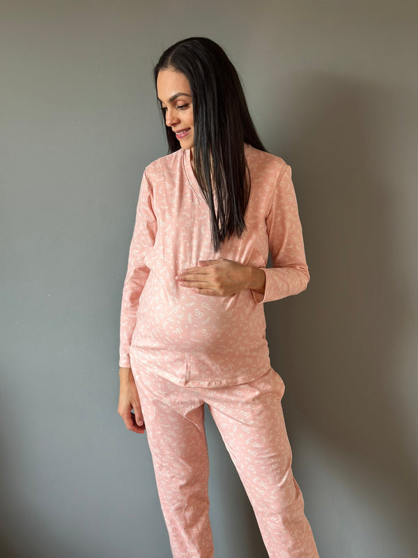 Pijama de maternidad y lactancia •Gerbera rosa• con ALGODÓN